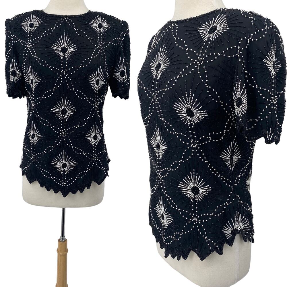 Vintage Scala Pure Silk Beaded Pearl Top Short Sleeve Black White Womens size XL
